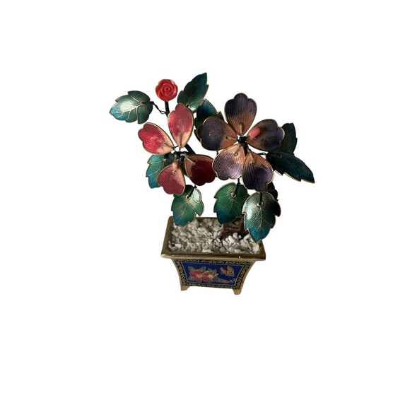 Chinese Brass Enamel Floral Bonsai Tree Plant Figurine Statue GORGEOUS - Picture 10 of 13